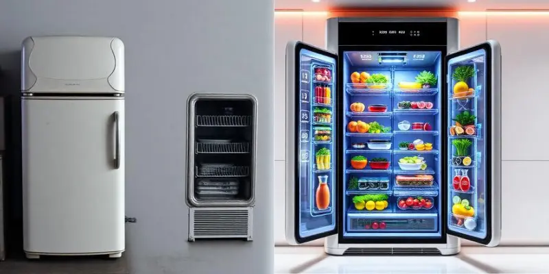 A Quick Journey Past To Present A Comparison Showing Old Refrigerators Beside Modern Smart Fridges With Advanced Features.