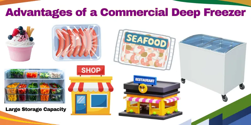 Advantages Of A Commercial Deep Freezer With Food Storage And Business Use Icons.