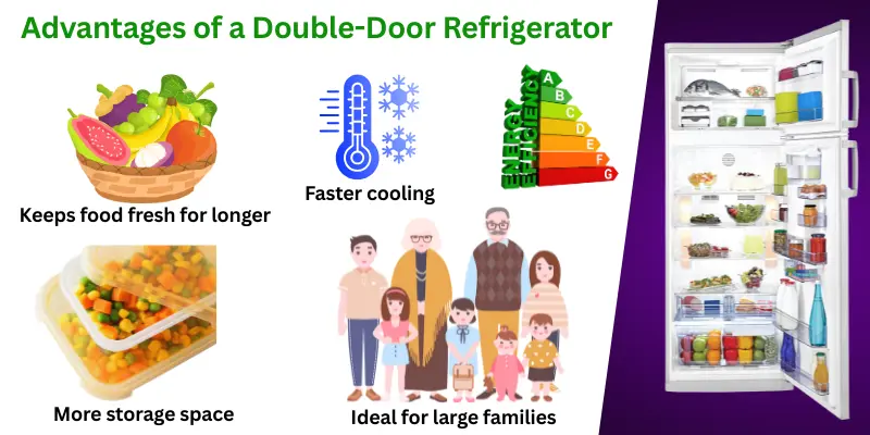 Advantages Of A Double Door Refrigerator Infographic Showing Fresh Food, Faster Cooling, More Storage Space, And Suitability For Large Families In A Double-Door Refrigerator.