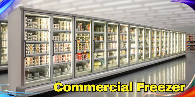 Commercial Freezer Long Row Of Commercial Freezers With Food Items Inside.