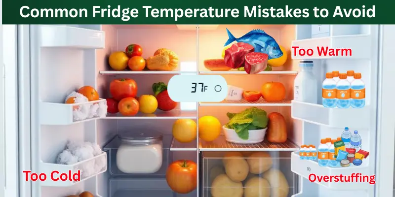 Open Fridge Showing Frozen Items, Warm Items, And Crowded Shelves With Labels For Common Temperature Mistakes.
