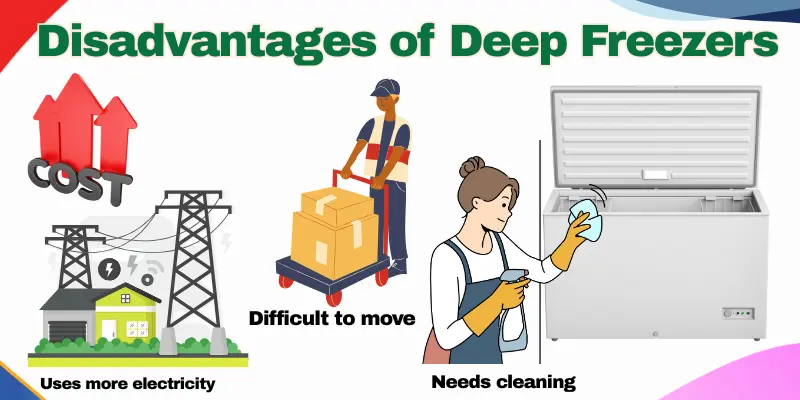 Disadvantages Of Deep Freezers An Image Showing High Cost, A Person Moving Heavy Boxes, And Someone Cleaning A Deep Freezer To Show The Disadvantages.