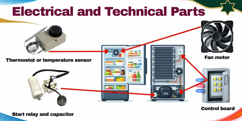 Electrical And Technical Parts Refrigerator Image Showing The Thermostat, Start Relay And Capacitor, Control Board, And Fan Motor With Arrows Pointing To Each Part.