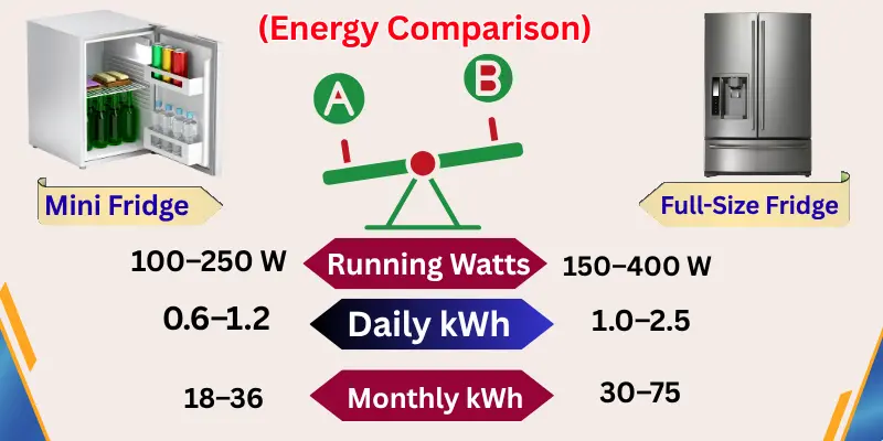Energy Comparison Infographic Comparing Mini Fridge And Full-Size Fridge Energy Use, Including Running Watts, Daily Kwh, And Monthly Kwh.