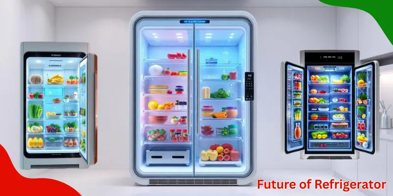 Future Of Refrigerator Aa A Futuristic Smart Refrigerator With Modern Design, Led Lighting, And Advanced Cooling Technology.