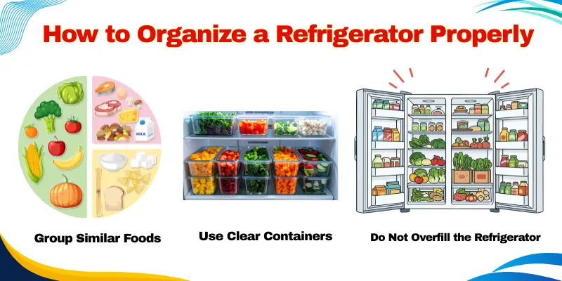 Organized Refrigerator Showing Grouped Foods, Clear Containers, And Proper Space.
