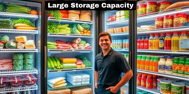 Large Storage Capacity A Large Commercial Refrigerator Filled With Neatly Arranged Fresh Food, Frozen Items, And Beverages, Ready For Business Use.