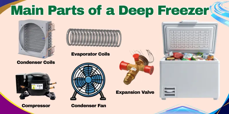 A Diagram Showing The Main Parts Of A Deep Freezer, Including Condenser Coils, Evaporator Coils, Expansion Valve, Compressor, And Condenser Fan.

