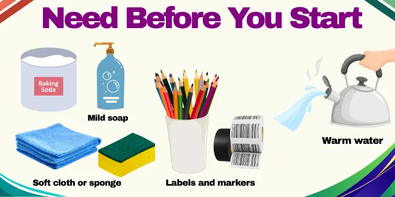 Baking Soda, Mild Soap, Soft Cloth, Labels, Markers, And Warm Water For Refrigerator Cleaning.
