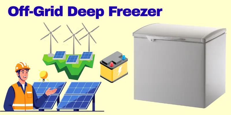 Off Grid Deep Freezer Off-Grid Deep Freezer With Solar Panels, Wind Turbines, A Battery, And A Worker.