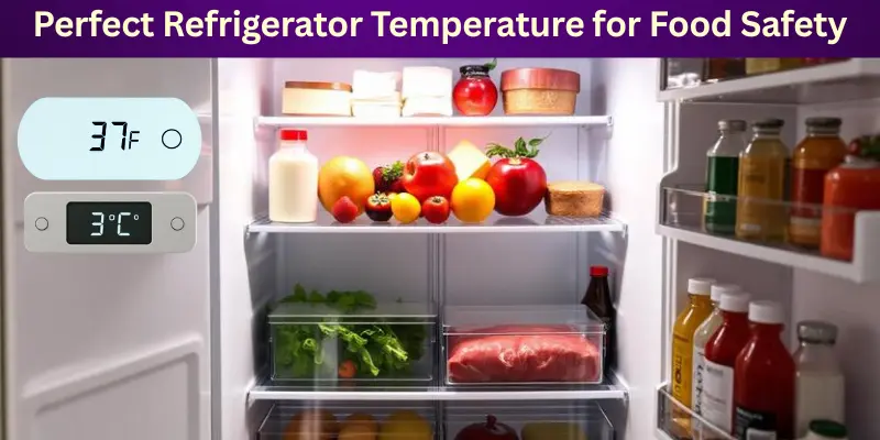 Fridge With Fresh Food And Digital Screens Showing The Ideal Temperature Of 37°F Or 3°C.
