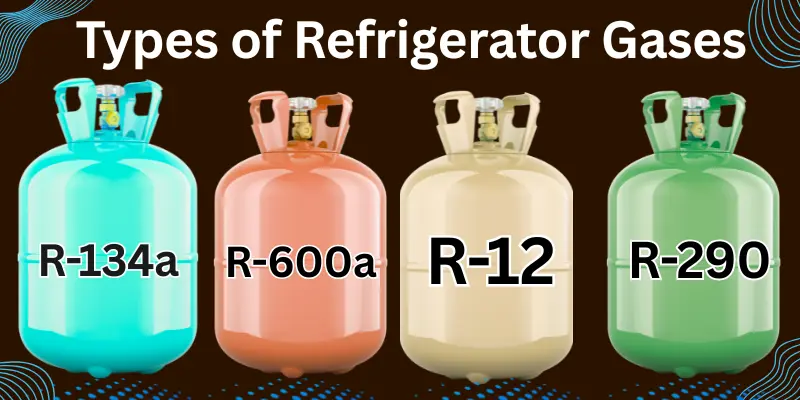 Four Gas Cylinders Showing R-134A, R-600A, R-12, And R-290 Refrigerator Gases.