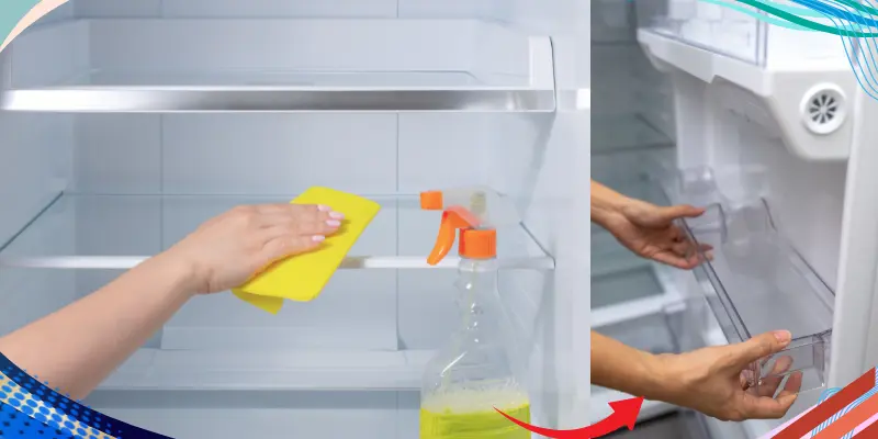 Hands Cleaning Fridge Shelves And Removing Drawers.
