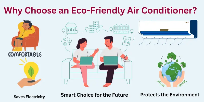 Why Choose An Eco Friendly Air Conditioner Infographic Showing How Eco-Friendly Ac Saves Electricity, Protects The Environment, And Is A Smart Choice.