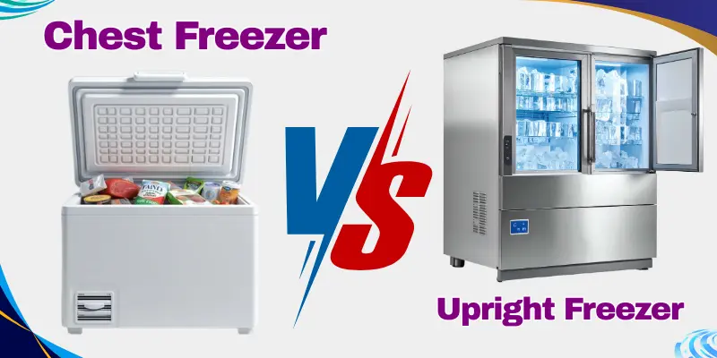 A Side-By-Side Comparison Of A Chest Freezer On The Left And An Upright Freezer On The Right.
