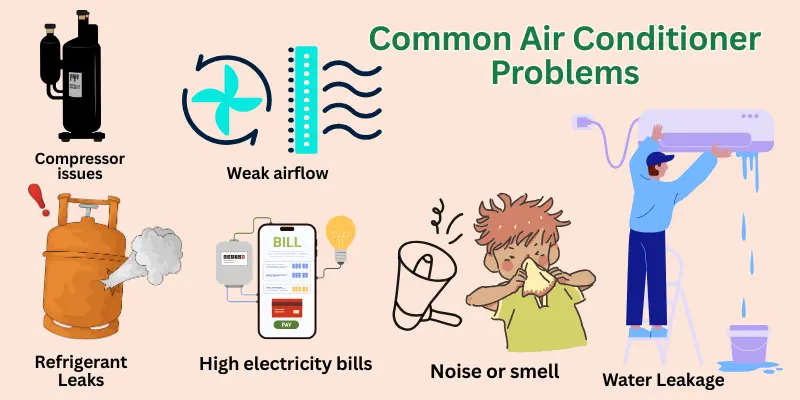  Infographic Showing Common Ac Problems Such As Compressor Issues, Weak Airflow, Refrigerant Leaks, High Electricity Bills, Noise Or Smell, And Water Leakage.