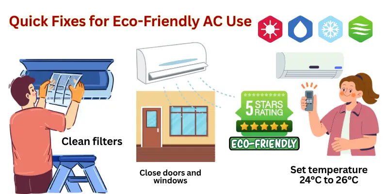 Eco Friendly Ac Tips Person Cleaning Ac Filters, Closing Doors And Windows, And Setting The Ac Temperature For Energy Saving.
