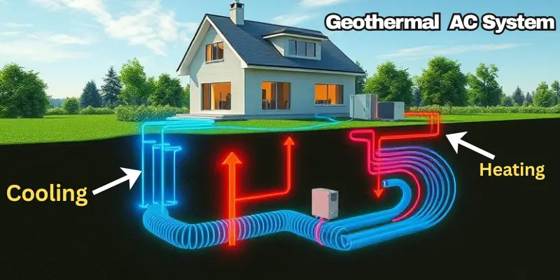 Geothermal Air Conditioning System Image Showing A Geothermal Air Conditioning System With Underground Pipes Connected To A House For Cooling.