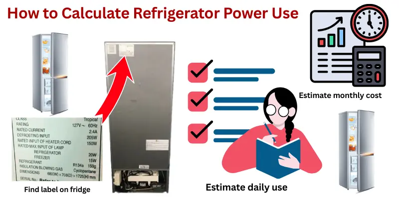 How To Calculate Refrigerator Power Use Infographic Explaining How To Calculate Refrigerator Power Use By Checking The Label And Estimating Daily And Monthly Costs.