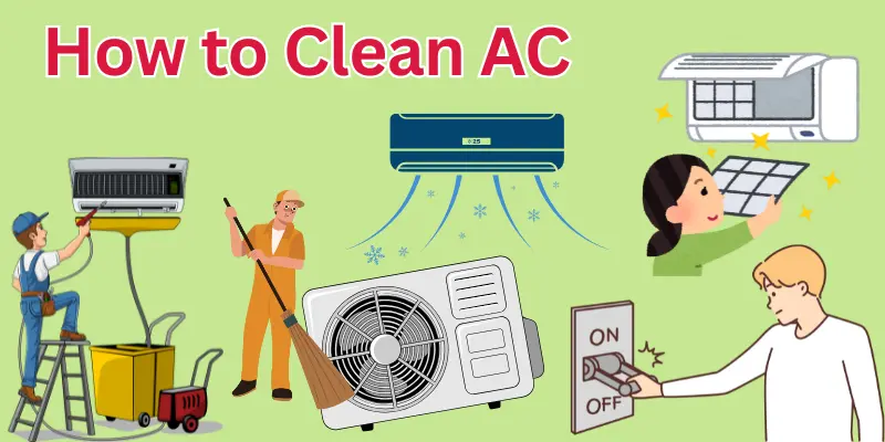 How To Clean Air Conditioner People Cleaning An Air Conditioner, Washing Filters, And Turning Off Power Before Cleaning.