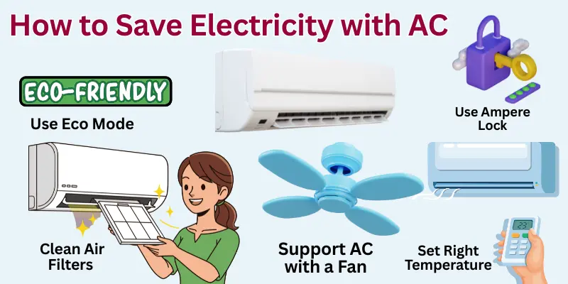 How To Save Electricity With Ac Picture Showing Easy Tips To Save Electricity With Ac Like Eco Mode, Clean Filters, Right Temperature, Fan, And Ampere Lock.