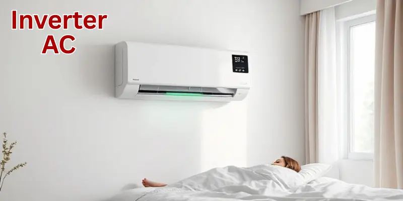 Inverter Ac Running Bedroom Inverter Ac Running In A Bedroom With A Person Sleeping On The Bed. The Ac Is Installed On The Wall And Blowing Cool Air, Showing Energy-Saving Performance.