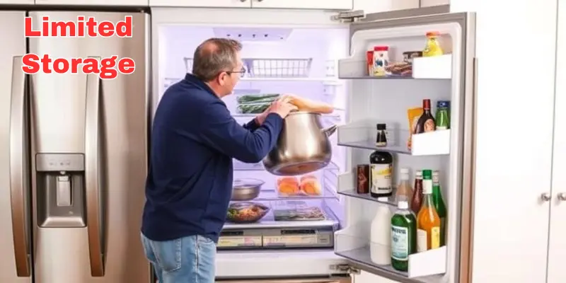 Less Storage Space Refrigerator A Person Struggling To Fit Large Grocery Items Into A Packed Counter-Depth Refrigerator.