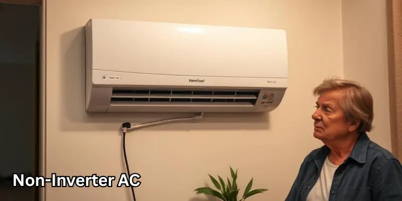 Non Inverter Ac Running Room Non-Inverter Ac Installed In A Room And Running. A Person Is Standing In Front Of It, Showing Regular Cooling Performance And Airflow.