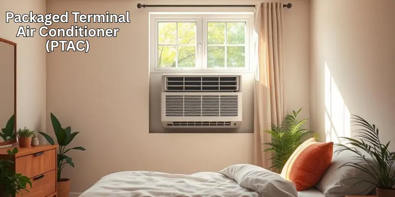Packaged Terminal Air Conditioner Ptac Image Showing A Packaged Terminal Air Conditioner (Ptac) Installed On A Bedroom Wall Near The Bed.