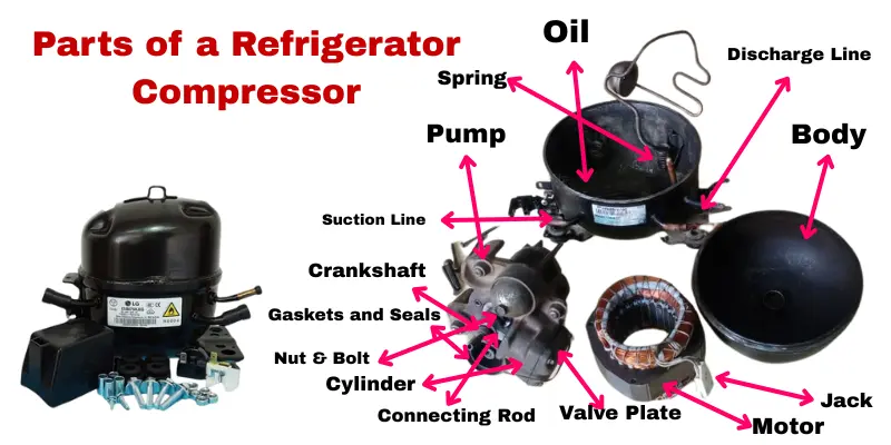 Parts Of A Refrigerator Compressor A Picture Of A Refrigerator Compressor Designed As A Complete Infographic, With All The Parts Of The Refrigerator Compressor Indicated With Arrows, And Their Names Written In The Text.