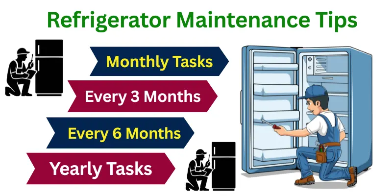 Refrigerator Maintenance Tips Fridge Maintenance Guide Showing When To Clean Or Check Different Parts, With A Person Fixing A Refrigerator.