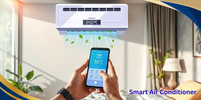 Smart Air Conditioner A Person Using A Mobile Phone To Set The Temperature Of A Wall-Mounted Smart Air Conditioner In A Bedroom.